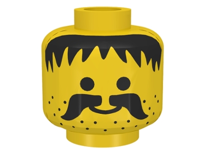 Minifigure, Head Moustache, Stubble and Messy Hair Black Pattern - Blocked Open Stud: {ярко жълт}