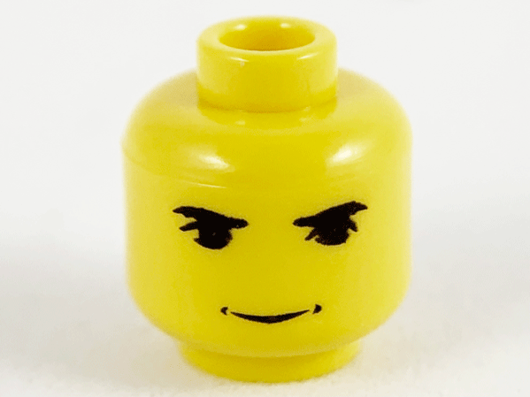 Minifigure, Head Black Eyebrows, Upper Eyelids, Grin with Dimples Pattern - Blocked Open Stud: {ярко жълт}