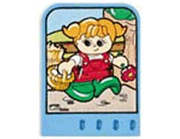 Story Builder Farmyard Fun Card with Girl Carrying Basket of Eggs and Flower Pattern: {умерено син}