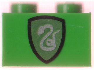 Brick 1 x 2 with HP Slytherin Shield Pattern: {тъмно зелен}