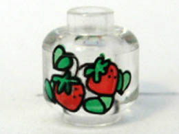 Minifigure, Head without Face Red Strawberries with Green Leaves Pattern - Blocked Open Stud : {прозрачен}