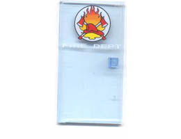 Door 1 x 4 1/2 x 6 with FIRE DEPT, Fire, 2 Axes and Red Helmet Pattern: {прозрачно флуорисциращо син}