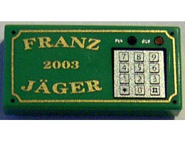 Tile 1 x 2 with Groove with Gold FRANZ JÄGER, 2003, and Silver Numeric Keypad Pattern: {тъмно зелен}