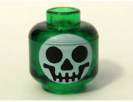 Minifigure, Head Round Black on White Skull Pattern (Witchs Bottle) - Blocked Open Stud: {прозрачно зелен}