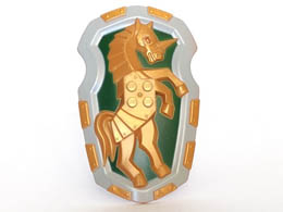 Large Figure Shield, 2 x 2 Brick Relief, Armored Horse (Unicorn) with Dark Green and Light Bluish Gray Pattern: {топло златист}
