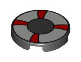 Tile, Round 2 x 2 with Red and White Life Preserver, Curved Bands Pattern: {черен}