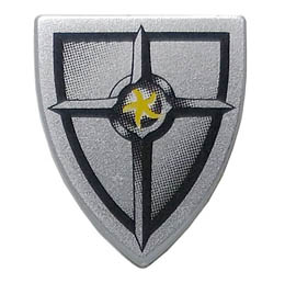 Minifigure, Shield Triangular with Black and Silver Blacksmith Star Pattern: {умерено каменно сив}