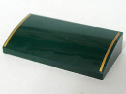 Slope, Curved 2 x 4 x 2/3 without Bottom Tubes with Two Gold Stripes Pattern - Set 10194: {земно зелен}