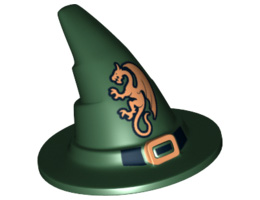 Minifigure, Headgear Hat, Wizard / Witch with Black Buckle and Gold Dragon Pattern: {земно зелен}