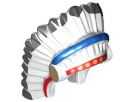 Minifigure, Headgear Headdress Indian with Colored Feathers, Gold Dots on Red and Black Hair on Back Pattern: {бял}