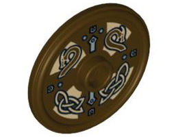 Minifigure, Shield Round with Stud and Ring Around Edge with Dragon Heads and Knots Pattern: {тъмно кафяв}