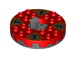 Turntable 6 x 6 Round Base Serrated with Red Top and Red, White, Yellow and Black Fangpyre Pattern (Ninjago Spinner): {титаниево метален}