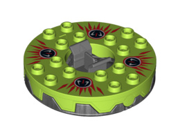 Turntable 6 x 6 Round Base Serrated with Lime Top and Red, White and Black Fangpyre Pattern (Ninjago Spinner): {титаниево метален}