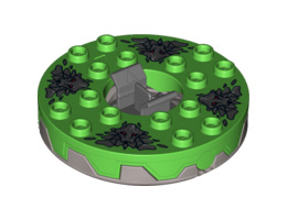 Turntable 6 x 6 Round Base Serrated with Bright Green Top and Dark Bluish Gray Stone Heads Pattern (Ninjago Spinner): {сребърно метален}