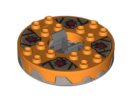 Turntable 6 x 6 Round Base Serrated with Orange Top and Dark Red Faces on Dark Tan and Dark Gray Pattern (Ninjago Spinner): {сребърно метален}