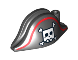 Minifigure, Headgear Hat, Pirate Bicorne with Large Square Skull and Crossbones and Red Line Pattern: {черен}