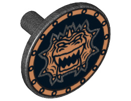 Minifigure, Shield Round Flat with Gold Dragon Head with Jagged Teeth Pattern: {титаниево метален}