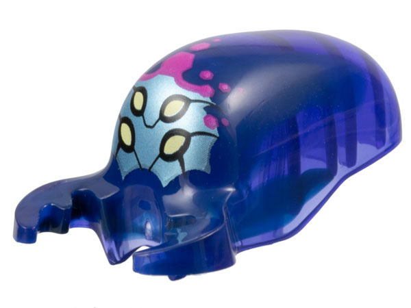 Minifigure, Head, Modified Alien Elongated with 2 Mandibles with Marbled Dark Blue and Printed Bright Light Yellow Eyes, Metallic Light Blue Face, Magenta Highlights and Hexagons Pattern: {прозрачно ярко синьо-виолетов}