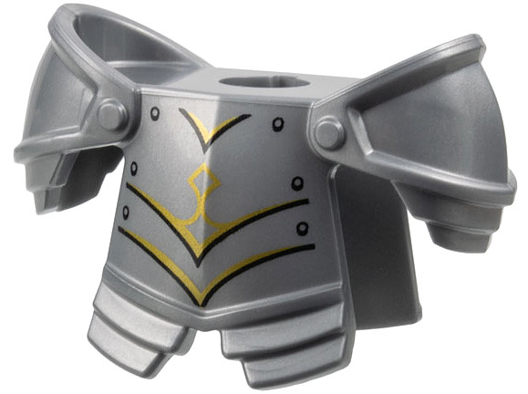 Minifigure Armor Breastplate with Leg Protection and Large Round Shoulder Pads with Gold Trim, Black Panel Lines and Rivets Pattern: {сребърно метален}