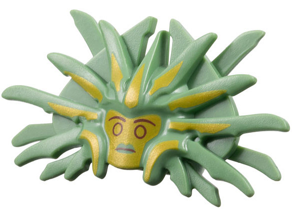Minifigure, Headgear Mask with 2 Blades and 19 Spikes with Gold Face and Highlights, Dark Red Eyebrows, Eyes and Mouth Pattern - Flexible Rubber: {пясъчно зелен}