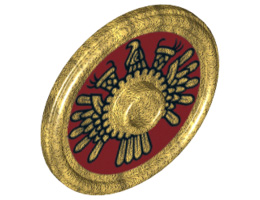 Minifigure, Shield Round with Stud and Ring Around Edge with Dark Red and Gold Aztec Pattern: {топло златист}