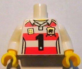 Torso Horizontal Red Stripes with Black Number 1 and Golden Brick and Shield Pattern / White Arms / Yellow Hands: {бял}