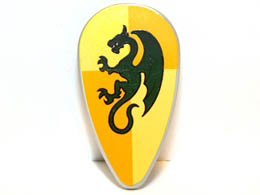Minifigure, Shield Ovoid with Dragon Dark Green on Light Yellow and Ochre Quarters Background Pattern : {умерено каменно сив}