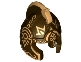 Minifigure, Headgear Helmet Castle with Cheek Protection and Comb with Gold Icons Pattern (King Theoden): {тъмно кафяв}