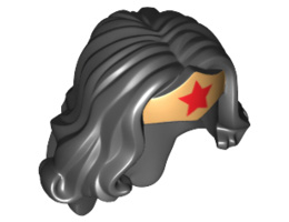 Minifigure, Hair Female Long Wavy with Gold Tiara and Red Star Pattern (Wonder Woman) : {черен}
