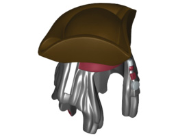 Minifigure, Hair Combo, Hair with Hat, Dreadlocks with Beads, Dark Red Bandana Pattern and Pirate Tricorne / Triangle : {черен}
