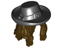 Minifigure, Hair Combo, Hair with Hat, Long Wavy with Black Hat with Buckle Pattern : {тъмно кафяв}