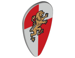 Minifigure, Shield Ovoid with Gold Lion on Red and White Quarters Background Pattern : {умерено каменно сив}