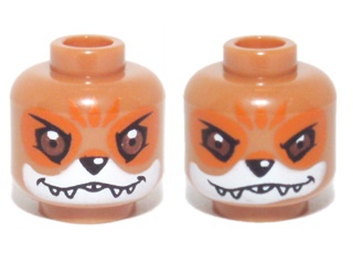 Minifigure, Head Dual Sided Alien Chima Fox with Black Nose, Reddish Brown Eyes, Orange Eye Shadow and Forehead Marks, White Muzzle and Sharp Teeth, Happy / Fierce Pattern: {пясъчно жълт}