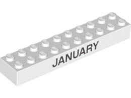Brick 2 x 10 with Black 'JANUARY' and 'FEBRUARY' Pattern on opposite sides : {бял}