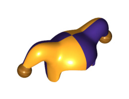 Minifigure, Headgear Jester's Cap with Dark Purple Left Side and Gold Pom Poms Pattern: {огнено жълто-оранжев}