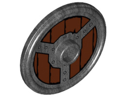 Minifigure, Shield Round with Stud and Ring Around Edge with Rivets and Circular Wood Planking Pattern: {титаниево метален}