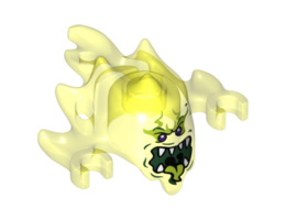 Minifigure, Headgear Mask Ninjago Skreemer with Dark Purple Eyes and Mouth Open with White Pointed Teeth and Yellowish Green Tongue Pattern : {прозрачно флуорисциращо зелен}