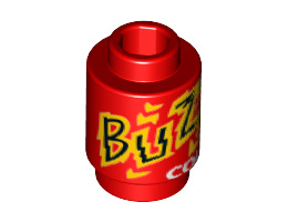 Brick, Round 1 x 1 Open Stud with Black, Yellow and White 'BUZZ COLA' Pattern: {ярко червен}