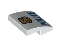 Slope, Curved 2 x 2 with Copper Badge with Black Outline on Badge and Star and Blue 'POLICE' Pattern: {бял}