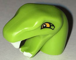 Minifigure, Head Modified Snake Short Neck with Open Mouth with White Fangs and Bright Light Orange Eyes Pattern: {ярко жълто-зелен}