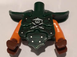 Torso, Modified Short with Armor Breastplate with Shoulder Ridges, Rivets and Ninja Skull with Crossed Swords Pattern / Orange Arms / Reddish Brown Hands : {земно зелен}