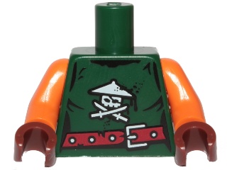 Torso Ninjago Female Shirt Tattered with White Skull with Crossed Swords Logo, Dark Red Belt with Buckle Pattern / Orange Arms / Reddish Brown Hands: {земно зелен}