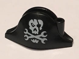 Minifigure, Headgear Hat, Pirate Bicorne with Skull with Eyepatch and Wrenches Crossbones Pattern: {черен}