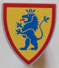 Minifigure, Shield Triangular with Lion Standing Blue on Yellow Background Pattern: {умерено каменно сив}