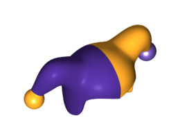Minifigure, Headgear Jester's Cap with Dark Purple Right Side and Dark Purple Pom Pom Left Side Pattern: {огнено жълто-оранжев}