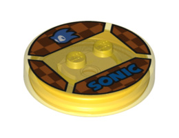 Dimensions Toy Tag 4 x 4 x 2/3 with 2 Studs for Sonic the Hedgehog #59 with Blue Sonic Head and 'SONIC' on Checkerboard Background Pattern : {прозрачно жълт}