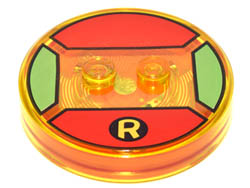 Dimensions Toy Tag 4 x 4 x 2/3 with 2 Studs for Robin #72 with Yellow 'R' Logo on Red Background Pattern: {прозрачно жълт}