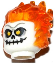 Minifigure, Head Modified Alien with Trans Orange Flaming Hair and Skull with Yellow Eyes Pattern : {бял}