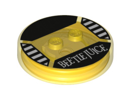 Dimensions Toy Tag 4 x 4 x 2/3 with 2 Studs for Beetlejuice #80 with 'BEETLEJUICE' and Black Striped Background Pattern: {прозрачно жълт}