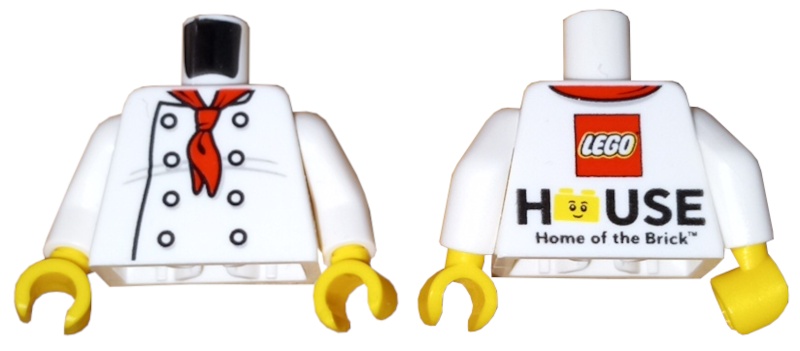 Torso Chef with 8 Buttons, Long Red Neckerchief, Light Bluish Gray Wrinkles Front, LEGO House Home of the Brick Back Pattern / White Arms / Yellow Hands: {бял}